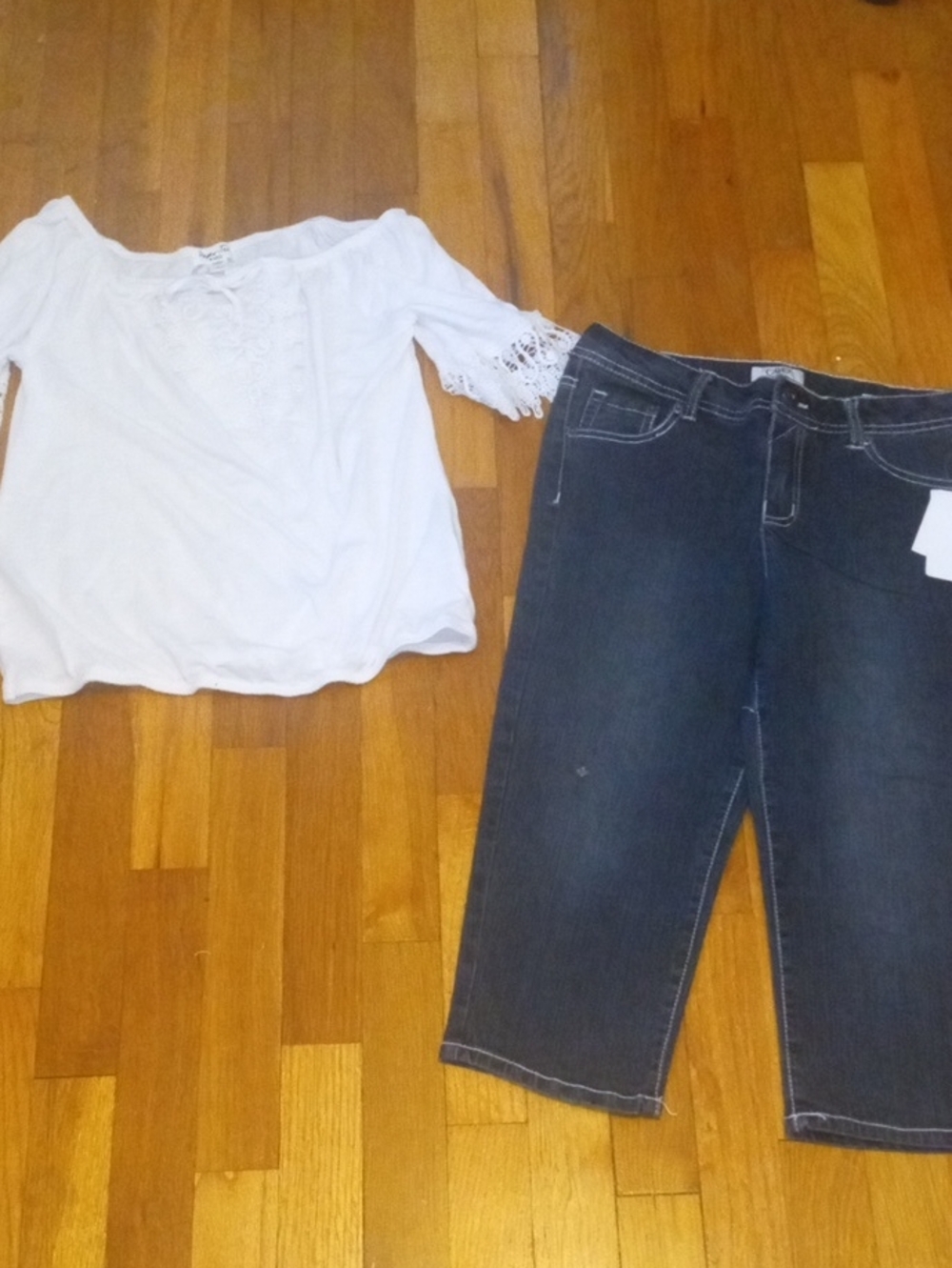 NWT girl 14 denim capri, embellished pockets, White top crochet accents